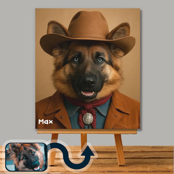 Cowboy custom pet portrait on canvas – rustic Western dog & cat artwork by Picarty