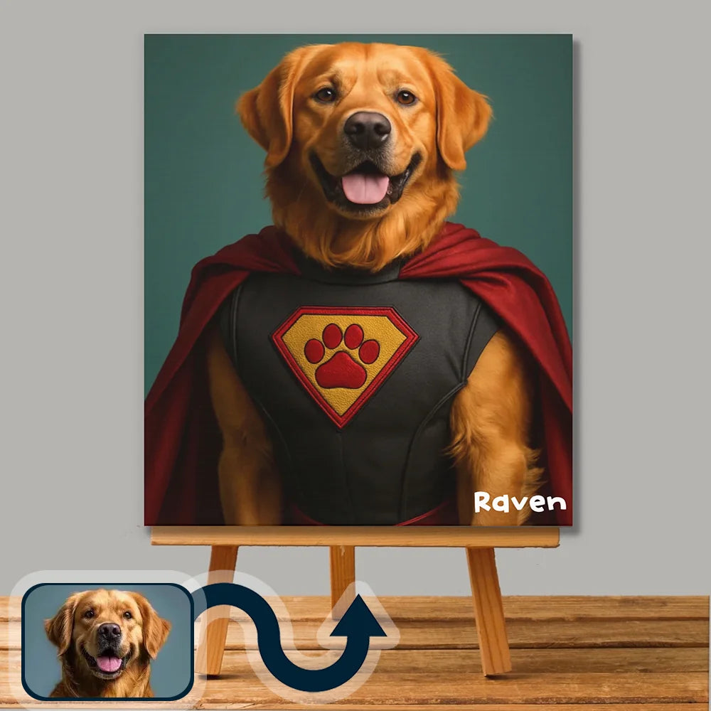 Superhero pet portrait on canvas – cinematic custom dog & cat artwork by Picarty