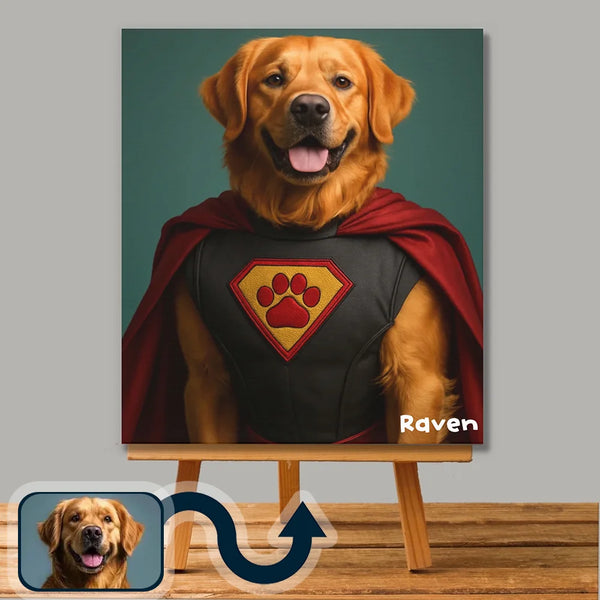 Superhero pet portrait on canvas – cinematic custom dog & cat artwork by Picarty
