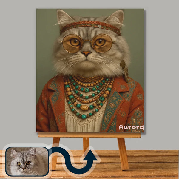 Boho spirit pet portrait on canvas – cozy vintage-style custom artwork by Picarty