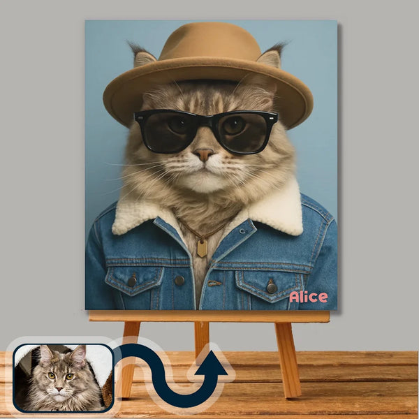 Urban denim pet portrait on canvas – trendy custom artwork by Picarty