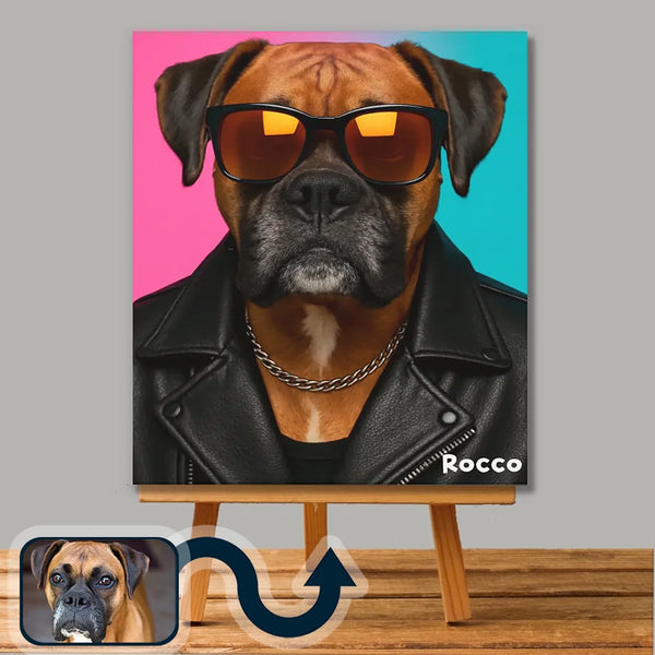 Pop-art rockstar pet portrait on canvas – vibrant custom artwork by Picarty