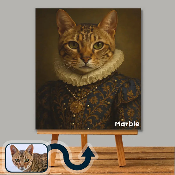 Royal cat portrait in fantasy costume – elegant custom artwork on canvas by Picarty